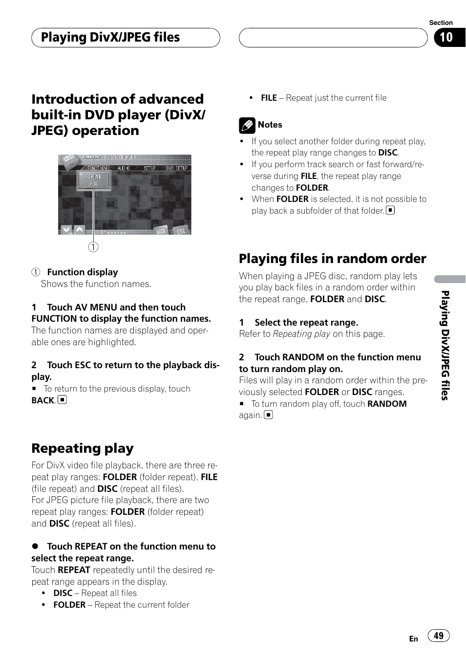 Introduction of advanced built-in dvd player, Divx/jpeg) operation, Repeating play | Playing files in random order, Playing divx/jpeg files | Pioneer SUPERTUNERIIID+ AVH-P7850DVD User Manual | Page 49 / 132