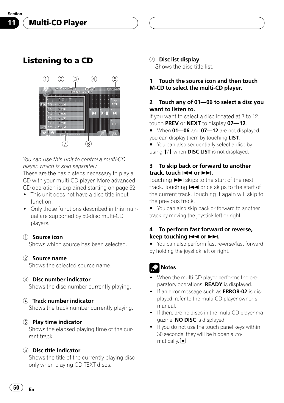 Multi-cd player listening to a cd, Listening to a cd, Multi-cd player | Pioneer SUPERTUNERIIID+ AVH-P7850DVD User Manual | Page 50 / 132