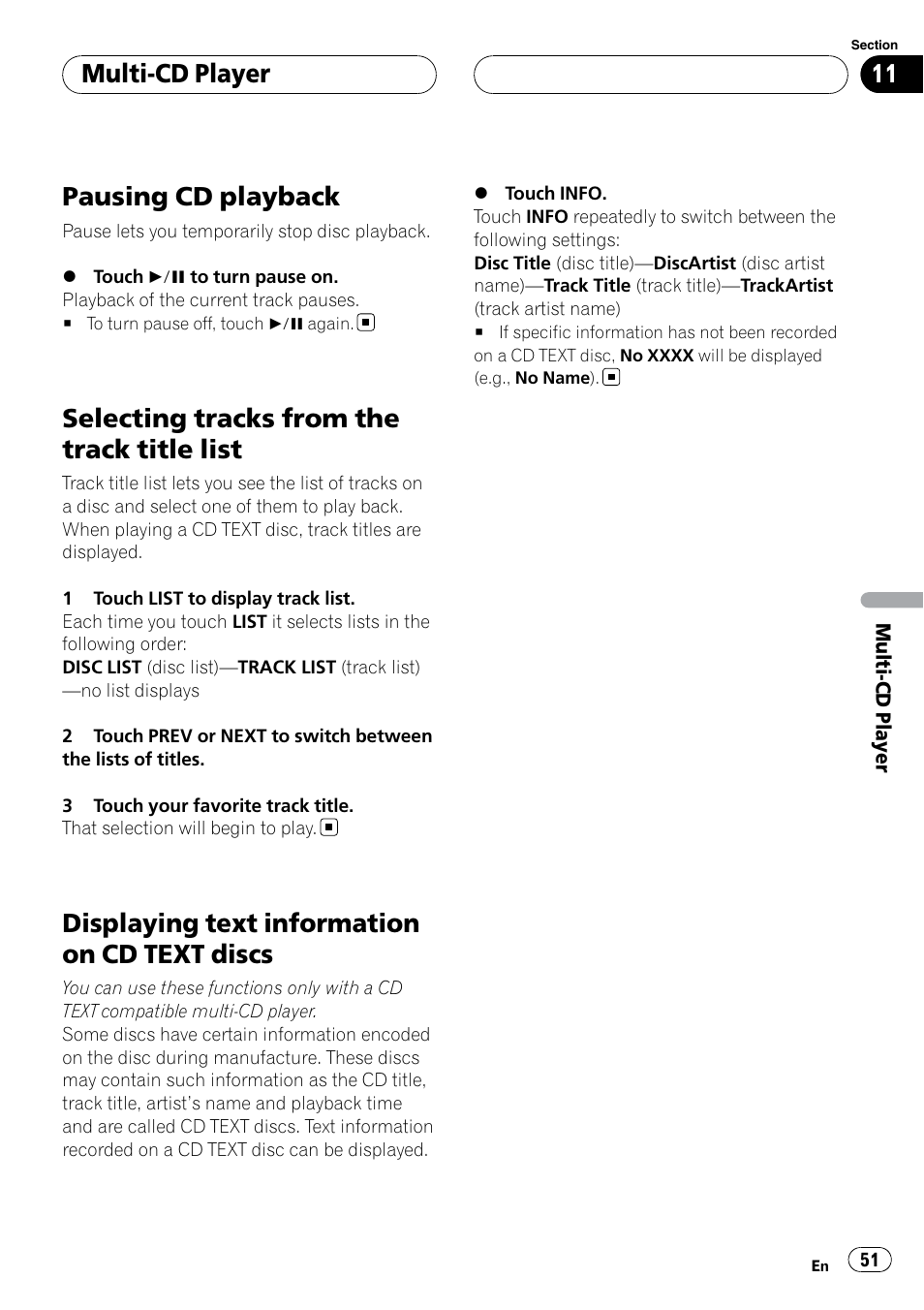 Pausing cd playback, Selecting tracks from the track title list, Displaying text information on cd text | Discs, Displaying text information on cd text discs, Multi-cd player | Pioneer SUPERTUNERIIID+ AVH-P7850DVD User Manual | Page 51 / 132