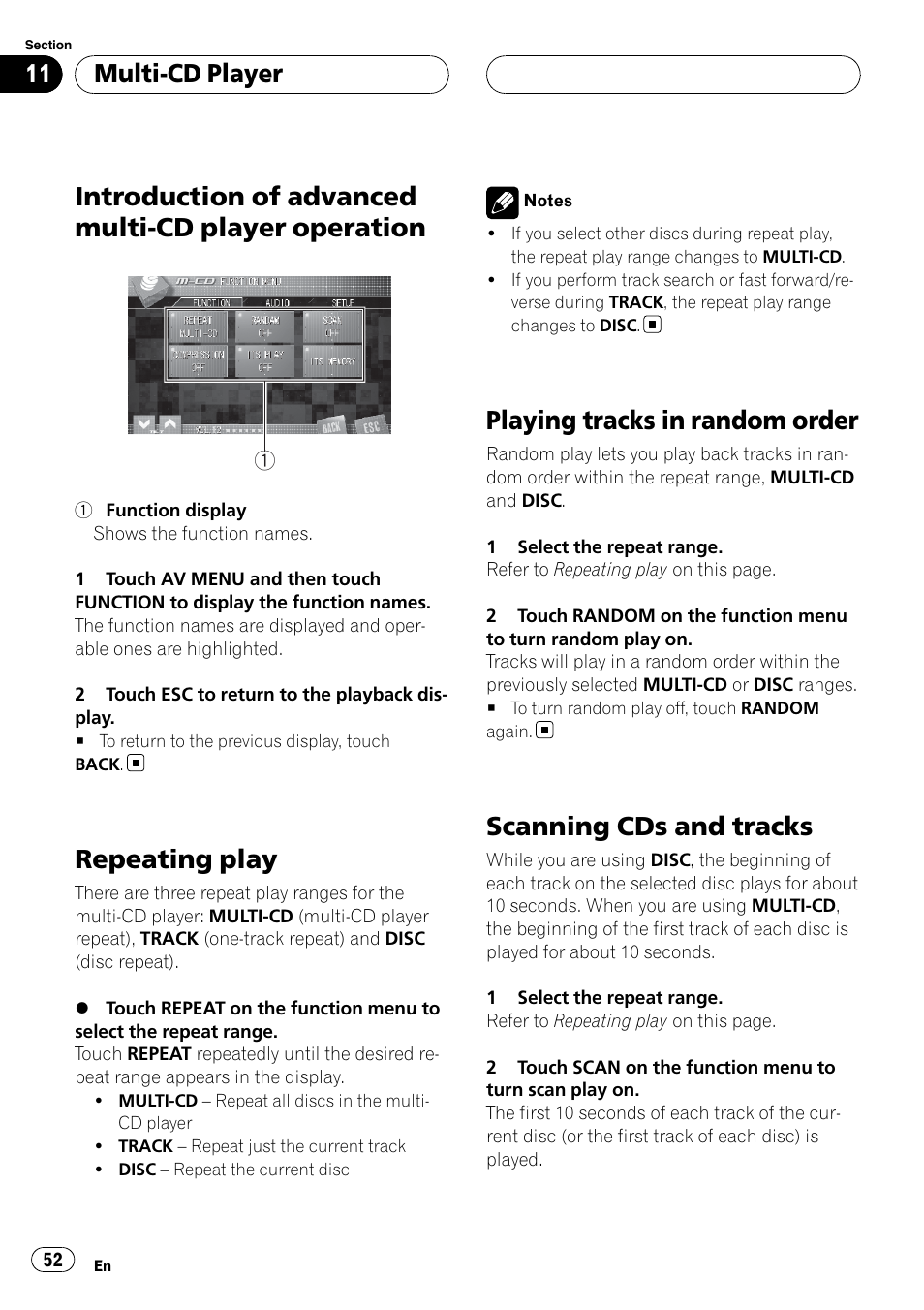 Introduction of advanced multi-cd player, Operation, Repeating play | Playing tracks in random order, Scanning cds and tracks, Introduction of advanced multi-cd player operation, Multi-cd player | Pioneer SUPERTUNERIIID+ AVH-P7850DVD User Manual | Page 52 / 132