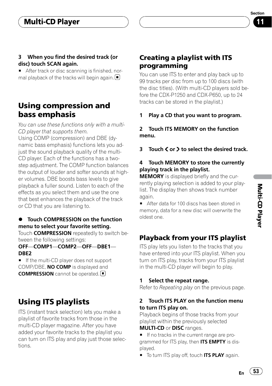 Using compression and bass emphasis, Using its playlists, Multi-cd player | Creating a playlist with its programming, Playback from your its playlist | Pioneer SUPERTUNERIIID+ AVH-P7850DVD User Manual | Page 53 / 132