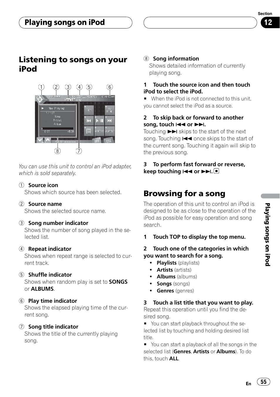 Browsing for a song, Listening to songs on your ipod, Playing songs on ipod | Pioneer SUPERTUNERIIID+ AVH-P7850DVD User Manual | Page 55 / 132