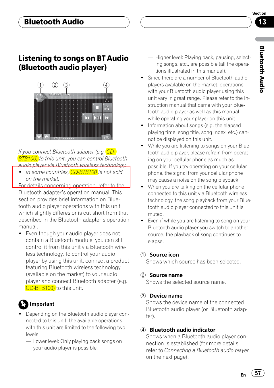 Audio player), Bluetooth audio | Pioneer SUPERTUNERIIID+ AVH-P7850DVD User Manual | Page 57 / 132