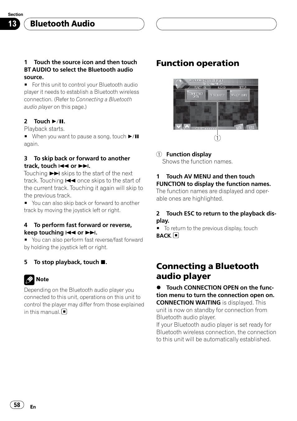 Function operation, Connecting a bluetooth audio player, Bluetooth audio | Pioneer SUPERTUNERIIID+ AVH-P7850DVD User Manual | Page 58 / 132