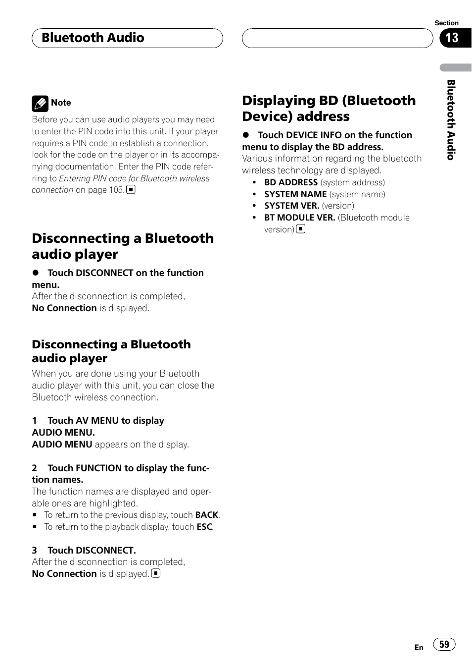 Disconnecting a bluetooth audio player, Displaying bd (bluetooth device), Address | Displaying bd (bluetooth device) address, Bluetooth audio | Pioneer SUPERTUNERIIID+ AVH-P7850DVD User Manual | Page 59 / 132