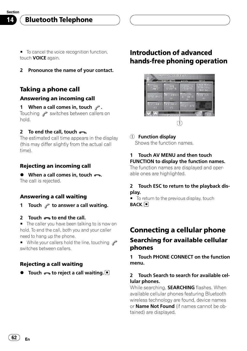 Introduction of advanced hands-free phoning, Operation, Connecting a cellular phone | Bluetooth telephone | Pioneer SUPERTUNERIIID+ AVH-P7850DVD User Manual | Page 62 / 132