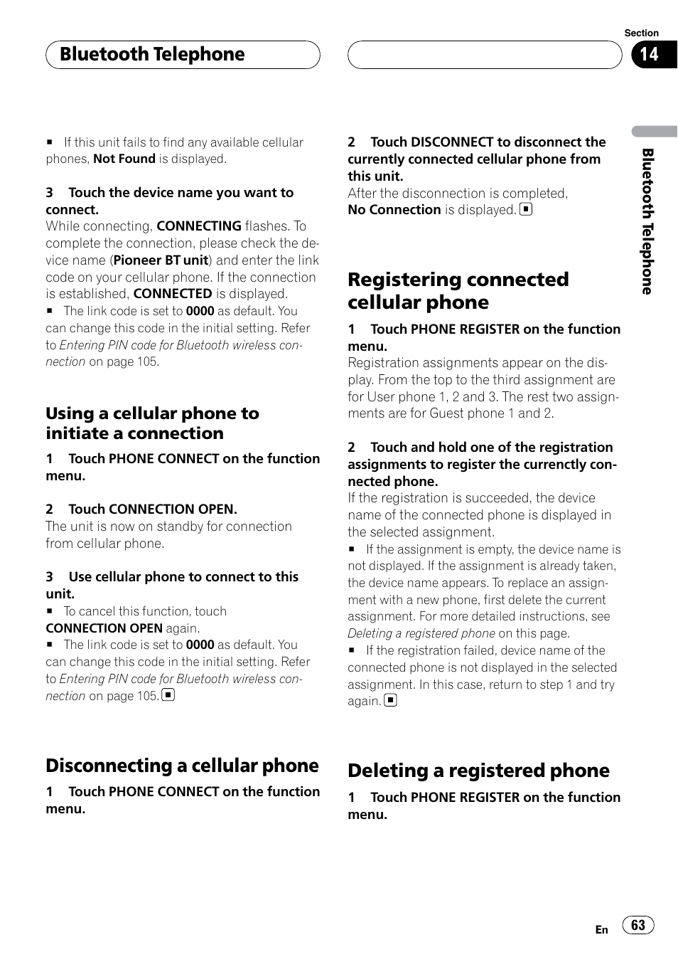 Disconnecting a cellular phone, Registering connected cellular phone, Deleting a registered phone | Bluetooth telephone | Pioneer SUPERTUNERIIID+ AVH-P7850DVD User Manual | Page 63 / 132