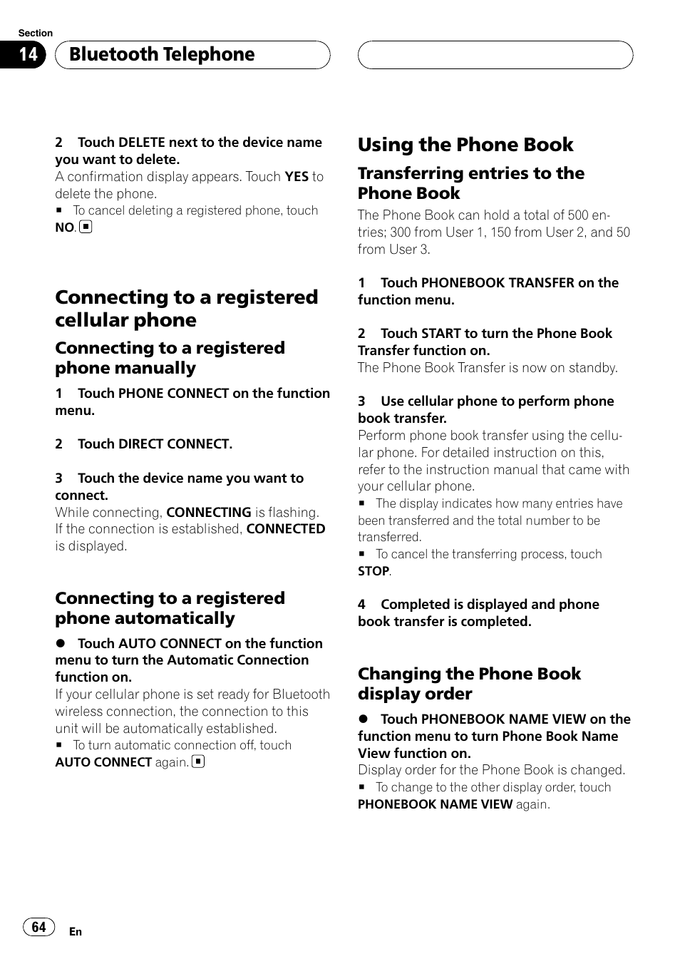 Connecting to a registered cellular, Phone, Using the phone book | Connecting to a registered cellular phone, Bluetooth telephone | Pioneer SUPERTUNERIIID+ AVH-P7850DVD User Manual | Page 64 / 132