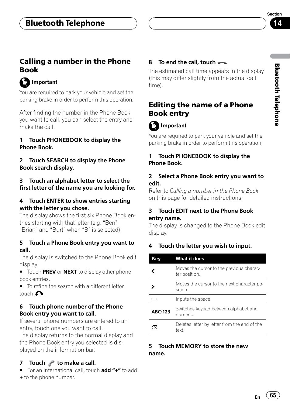 Bluetooth telephone, Calling a number in the phone book, Editing the name of a phone book entry | Pioneer SUPERTUNERIIID+ AVH-P7850DVD User Manual | Page 65 / 132