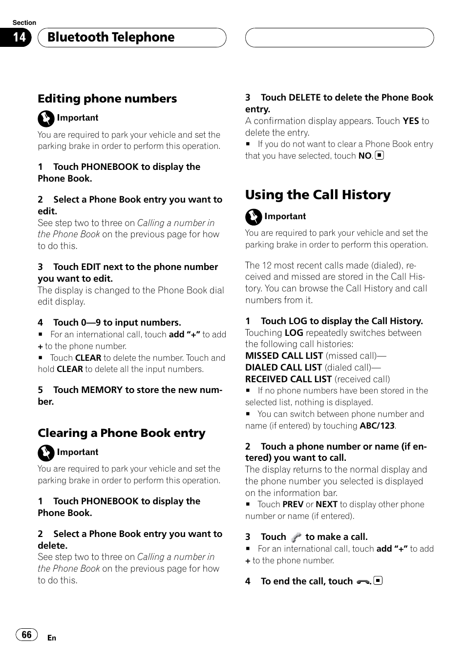 Using the call history, Bluetooth telephone, Editing phone numbers | Clearing a phone book entry | Pioneer SUPERTUNERIIID+ AVH-P7850DVD User Manual | Page 66 / 132