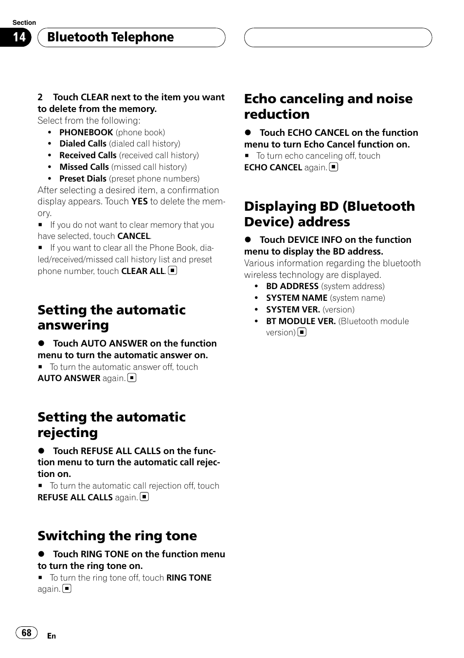 Setting the automatic answering, Setting the automatic rejecting, Switching the ring tone | Echo canceling and noise reduction, Displaying bd (bluetooth device), Address, Displaying bd (bluetooth device) address, Bluetooth telephone | Pioneer SUPERTUNERIIID+ AVH-P7850DVD User Manual | Page 68 / 132