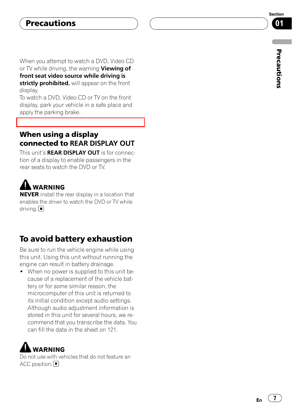 To avoid battery exhaustion, Precautions | Pioneer SUPERTUNERIIID+ AVH-P7850DVD User Manual | Page 7 / 132