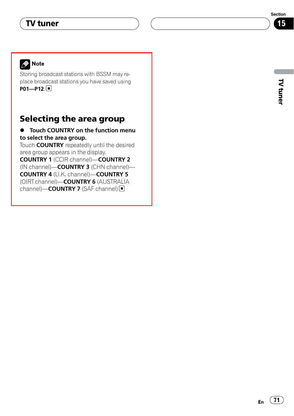 Selecting the area group, Tv tuner | Pioneer SUPERTUNERIIID+ AVH-P7850DVD User Manual | Page 71 / 132