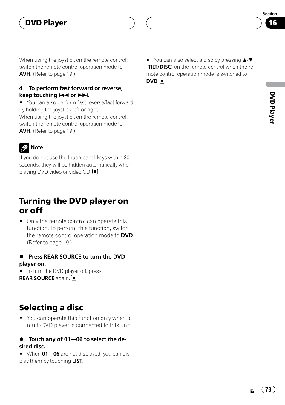 Turning the dvd player on or off, Selecting a disc, Dvd player | Pioneer SUPERTUNERIIID+ AVH-P7850DVD User Manual | Page 73 / 132