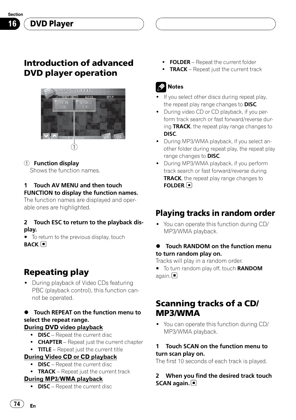 Introduction of advanced dvd player, Operation, Repeating play | Playing tracks in random order, Scanning tracks of a cd/mp3/wma, Introduction of advanced dvd player operation, Scanning tracks of a cd/ mp3/wma, Dvd player | Pioneer SUPERTUNERIIID+ AVH-P7850DVD User Manual | Page 74 / 132