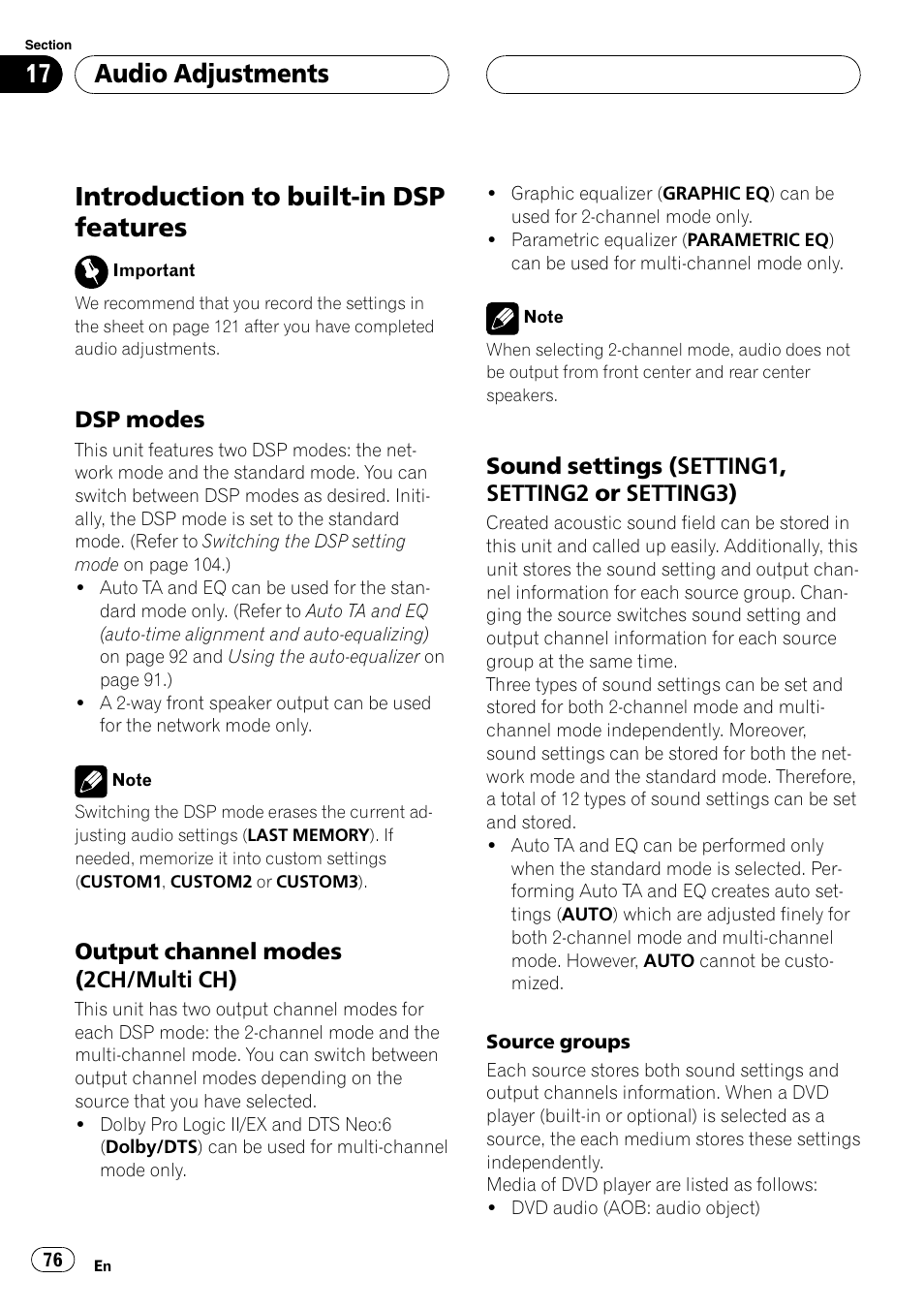 Introduction to built-in dsp features, Audio adjustments, Dsp modes | Output channel modes (2ch/multi ch), Sound settings (setting1, setting2 or setting3) | Pioneer SUPERTUNERIIID+ AVH-P7850DVD User Manual | Page 76 / 132
