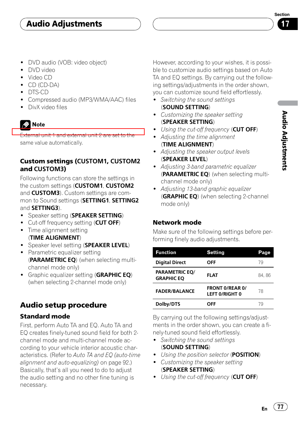 Audio adjustments, Audio setup procedure | Pioneer SUPERTUNERIIID+ AVH-P7850DVD User Manual | Page 77 / 132