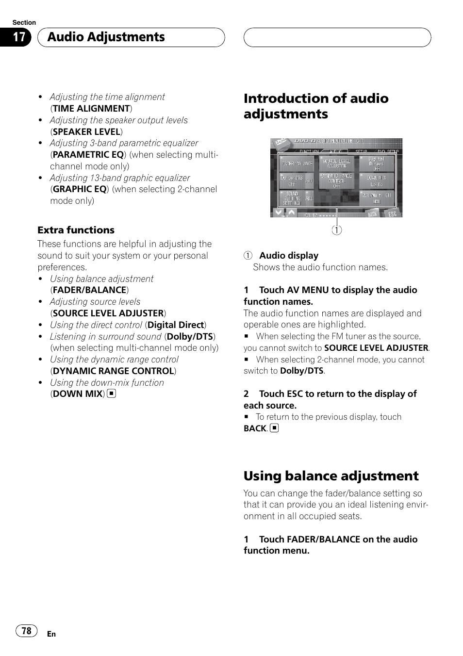 Introduction of audio adjustments, Using balance adjustment, Audio adjustments | Pioneer SUPERTUNERIIID+ AVH-P7850DVD User Manual | Page 78 / 132