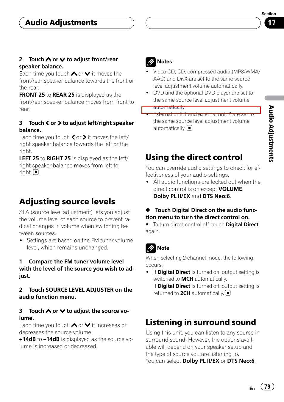 Adjusting source levels, Using the direct control, Listening in surround sound | Audio adjustments | Pioneer SUPERTUNERIIID+ AVH-P7850DVD User Manual | Page 79 / 132