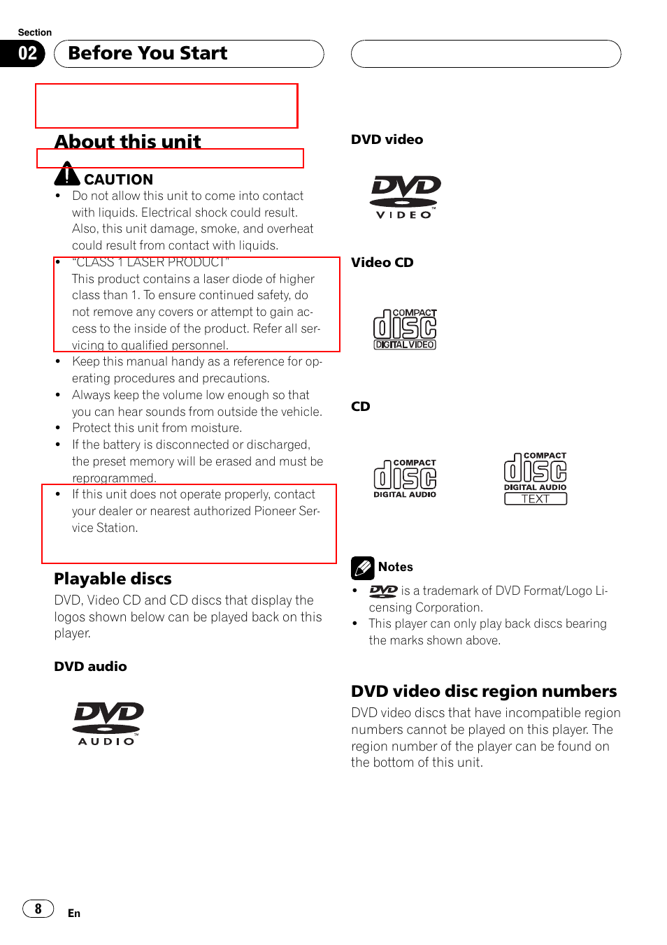 Playable discs 8, Dvd video disc region numbers 8, Before you start about this unit | About this unit, Before you start, Playable discs, Dvd video disc region numbers | Pioneer SUPERTUNERIIID+ AVH-P7850DVD User Manual | Page 8 / 132