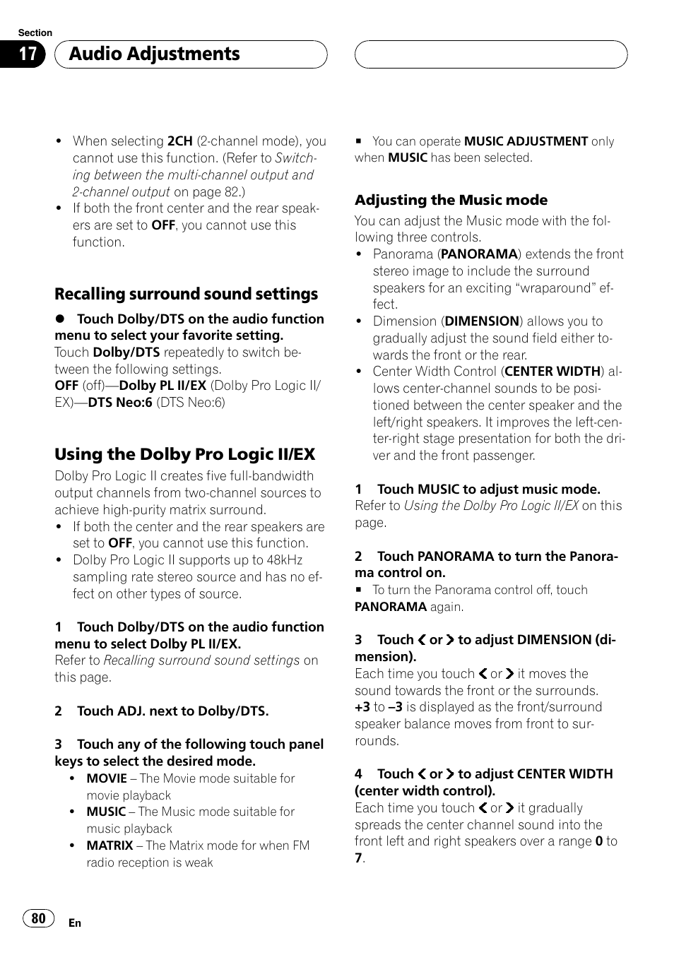 Audio adjustments, Recalling surround sound settings, Using the dolby pro logic ii/ex | Pioneer SUPERTUNERIIID+ AVH-P7850DVD User Manual | Page 80 / 132