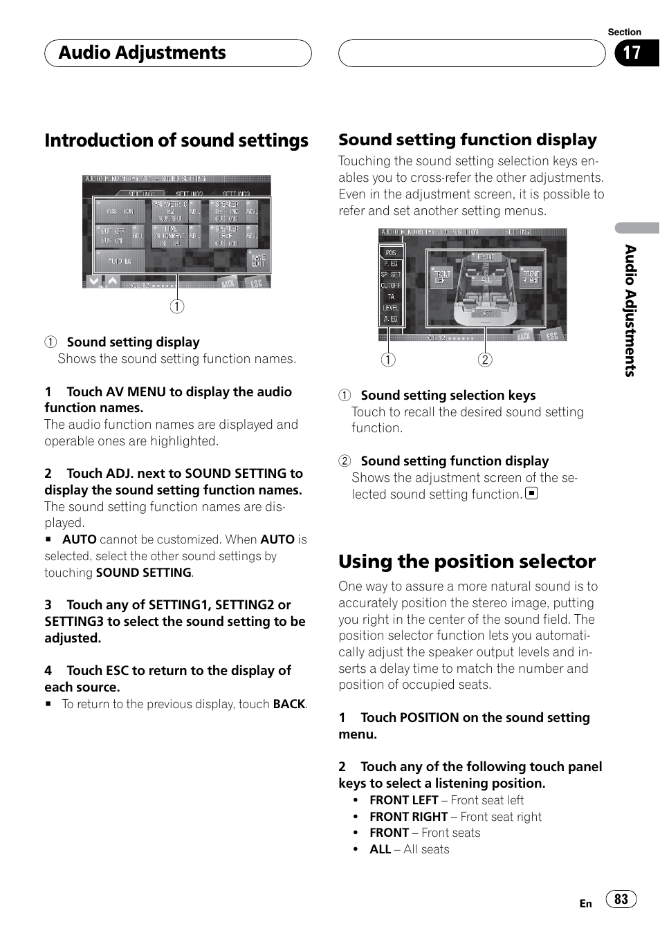 Introduction of sound settings, Using the position selector, Audio adjustments | Pioneer SUPERTUNERIIID+ AVH-P7850DVD User Manual | Page 83 / 132