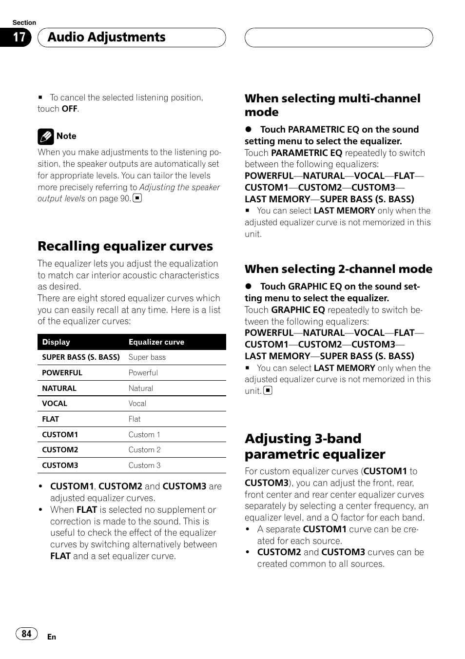 Recalling equalizer curves, Adjusting 3-band parametric equalizer, Audio adjustments | When selecting multi-channel mode, When selecting 2-channel mode | Pioneer SUPERTUNERIIID+ AVH-P7850DVD User Manual | Page 84 / 132