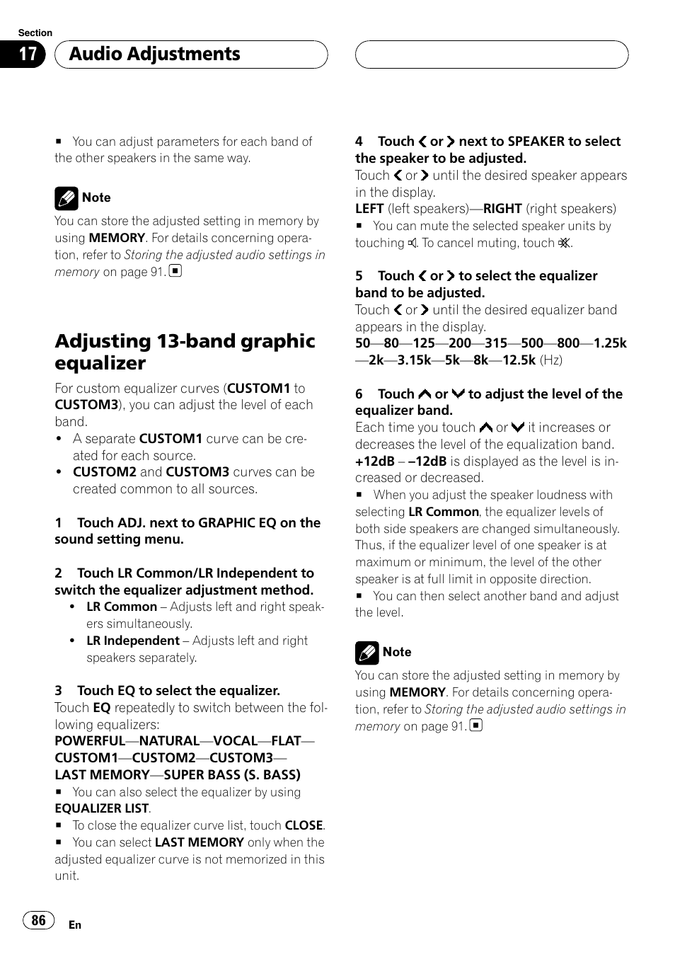 Adjusting 13-band graphic equalizer, Audio adjustments | Pioneer SUPERTUNERIIID+ AVH-P7850DVD User Manual | Page 86 / 132