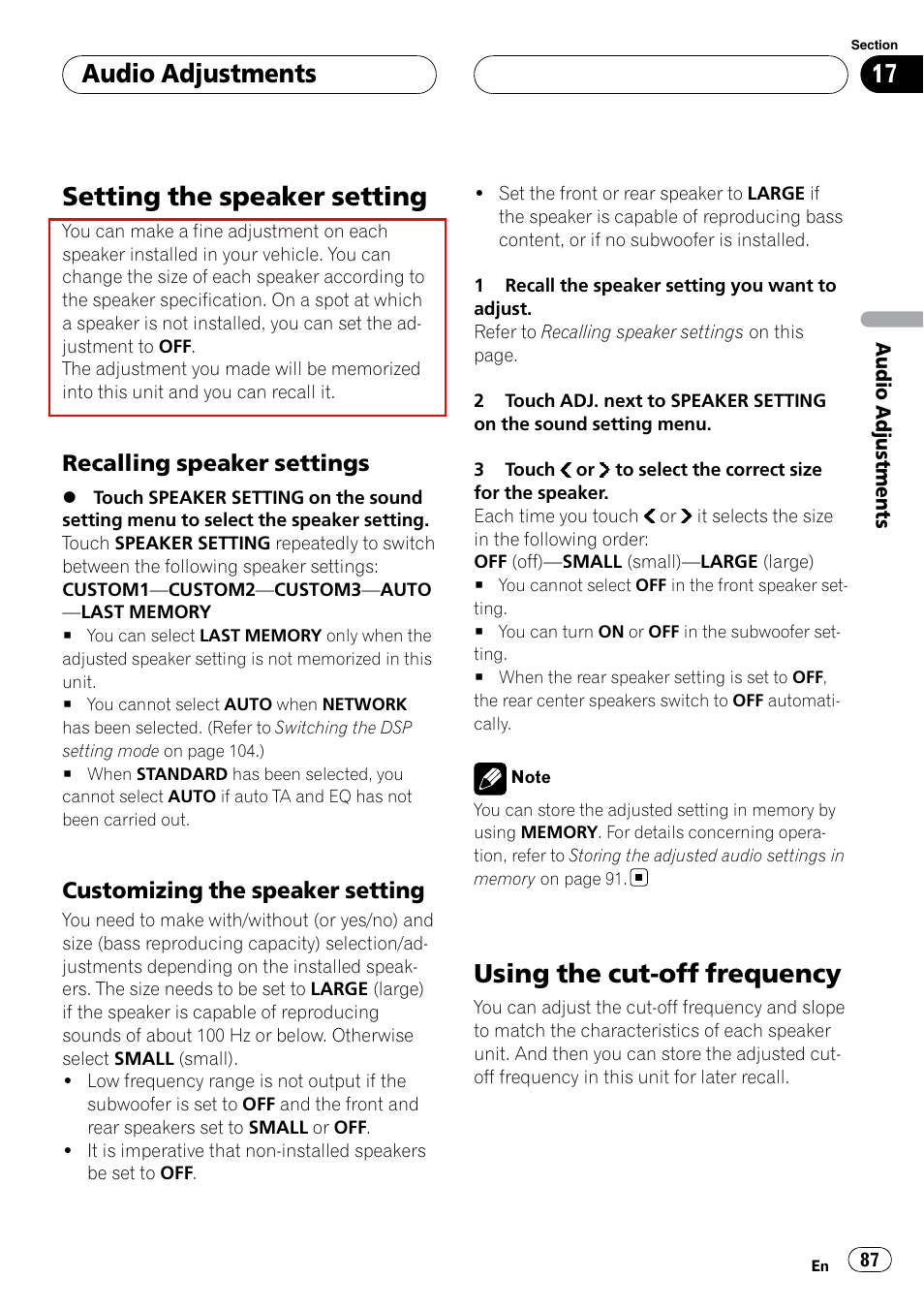 Setting the speaker setting, Using the cut-off frequency, Customizing the speaker setting | Audio adjustments, Recalling speaker settings | Pioneer SUPERTUNERIIID+ AVH-P7850DVD User Manual | Page 87 / 132