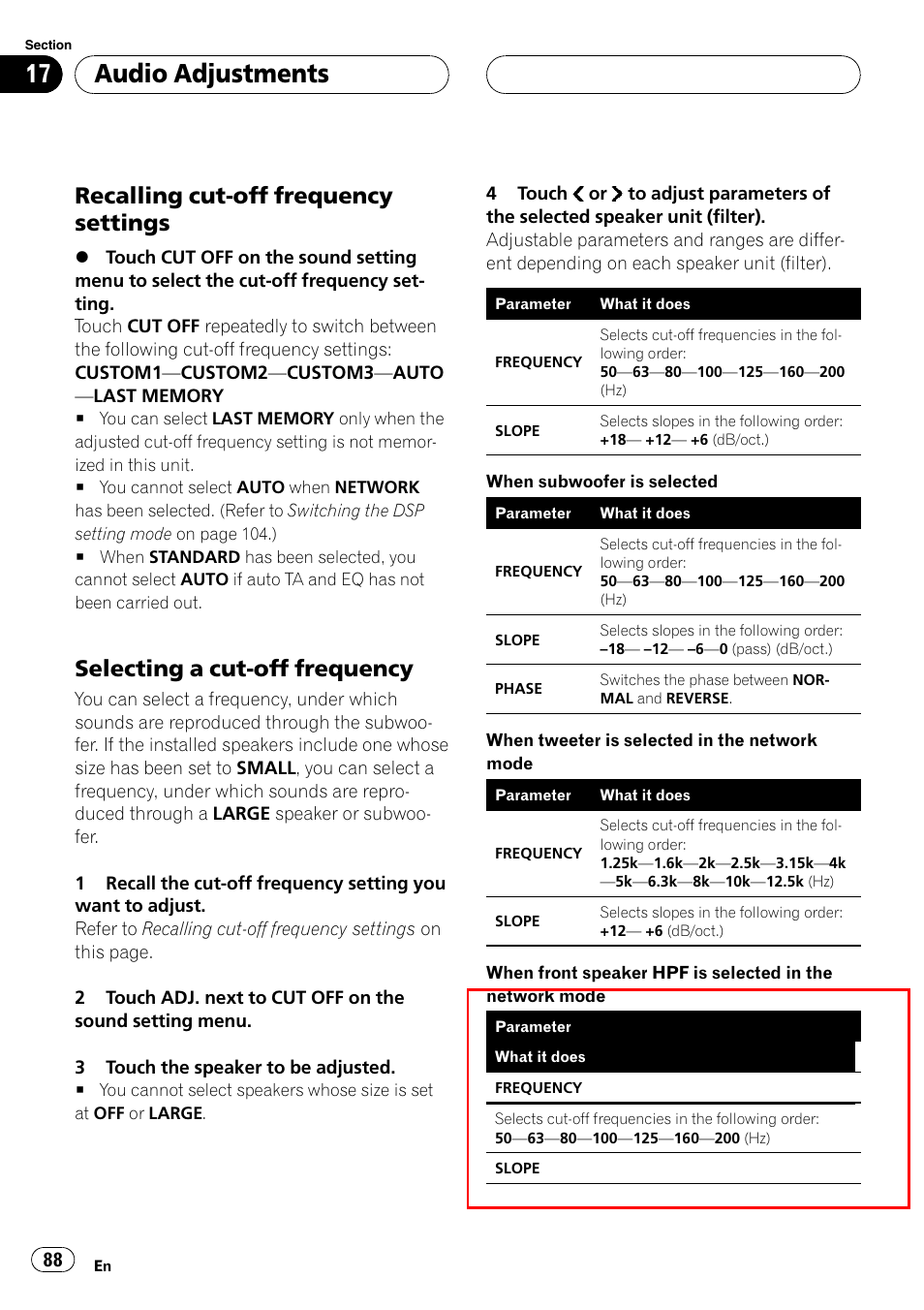 Audio adjustments, Recalling cut-off frequency settings, Selecting a cut-off frequency | Pioneer SUPERTUNERIIID+ AVH-P7850DVD User Manual | Page 88 / 132
