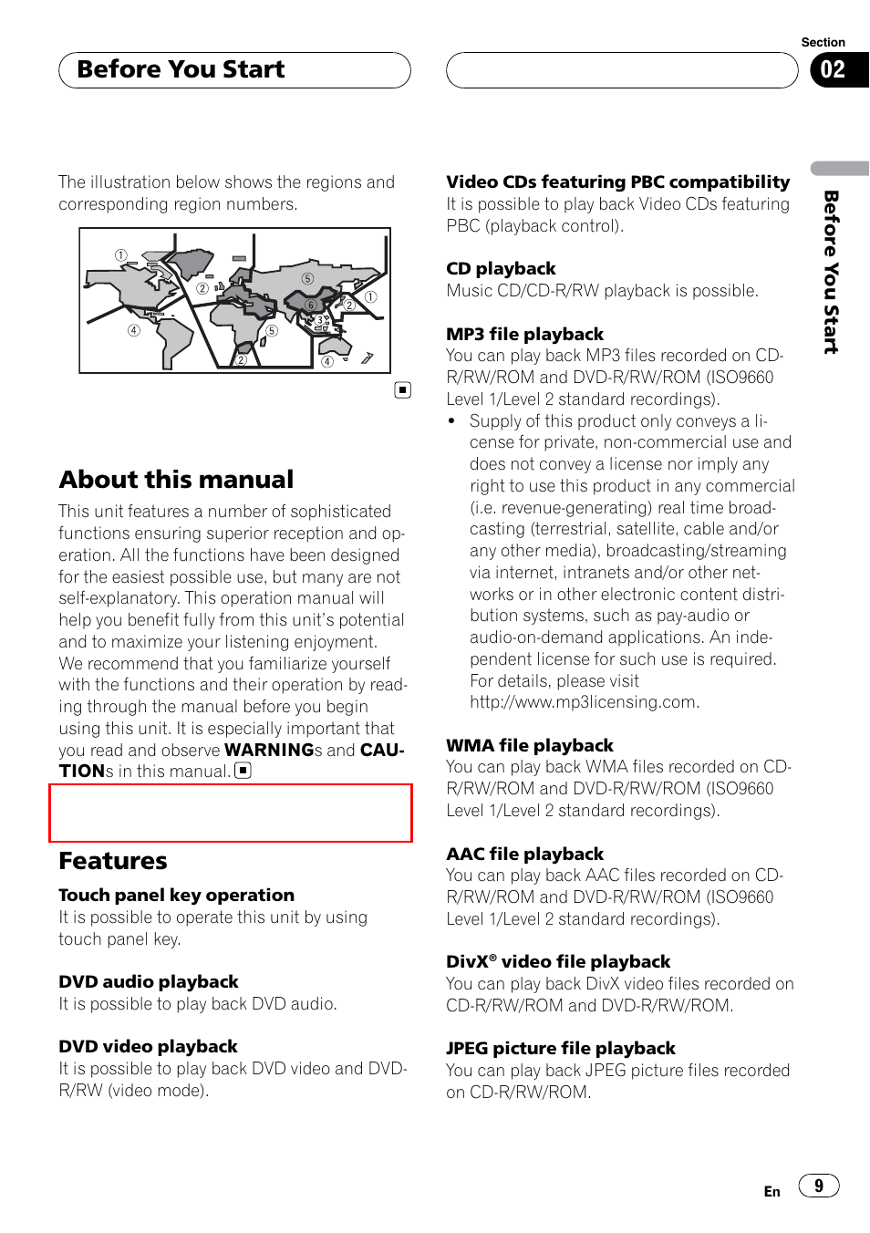 About this manual, Features, Before you start | Pioneer SUPERTUNERIIID+ AVH-P7850DVD User Manual | Page 9 / 132