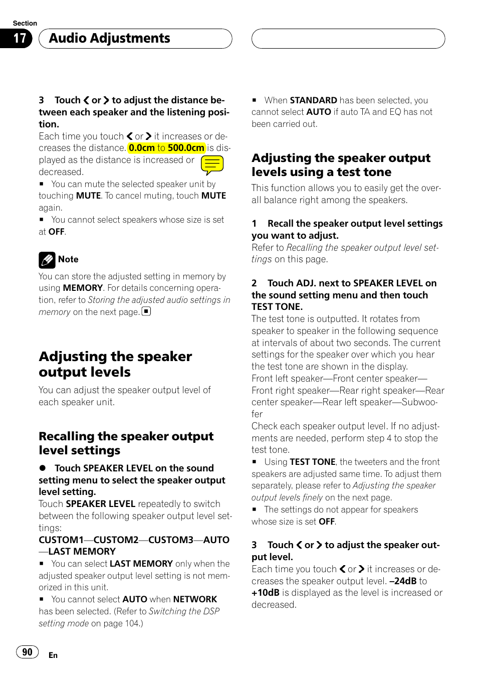 Adjusting the speaker output levels, Audio adjustments, Recalling the speaker output level settings | Pioneer SUPERTUNERIIID+ AVH-P7850DVD User Manual | Page 90 / 132
