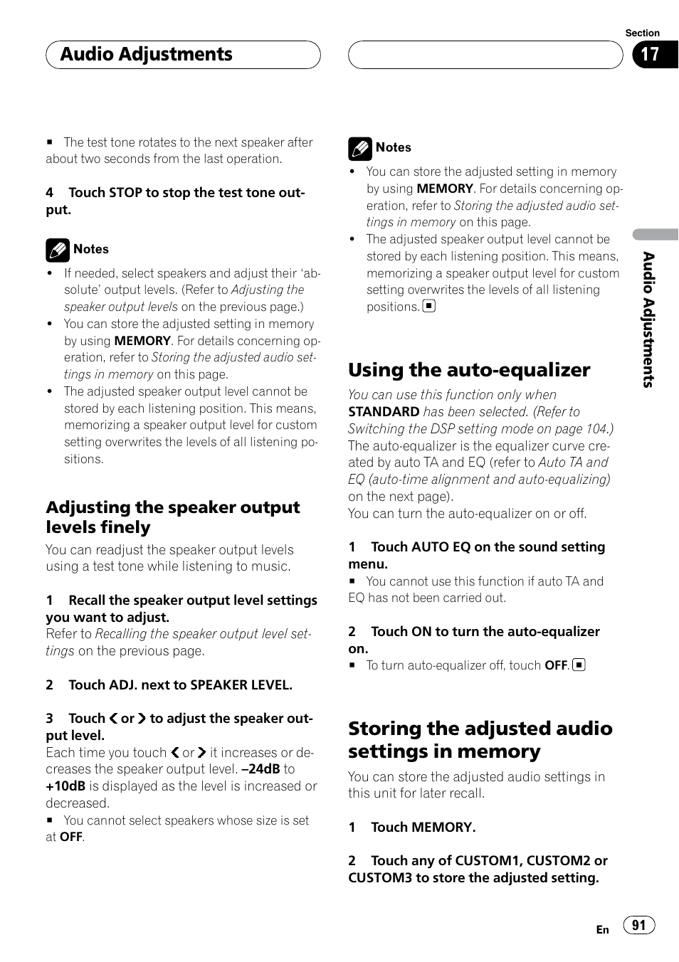 Using the auto-equalizer, Storing the adjusted audio settings in, Memory | Audio adjustments, Adjusting the speaker output levels finely | Pioneer SUPERTUNERIIID+ AVH-P7850DVD User Manual | Page 91 / 132