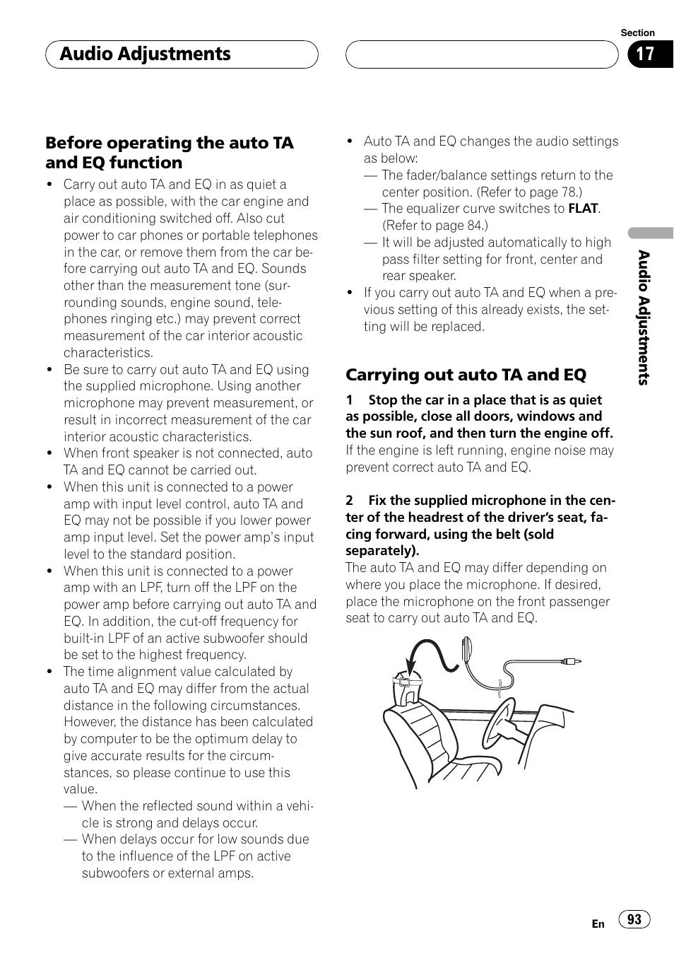 Audio adjustments, Before operating the auto ta and eq function, Carrying out auto ta and eq | Pioneer SUPERTUNERIIID+ AVH-P7850DVD User Manual | Page 93 / 132