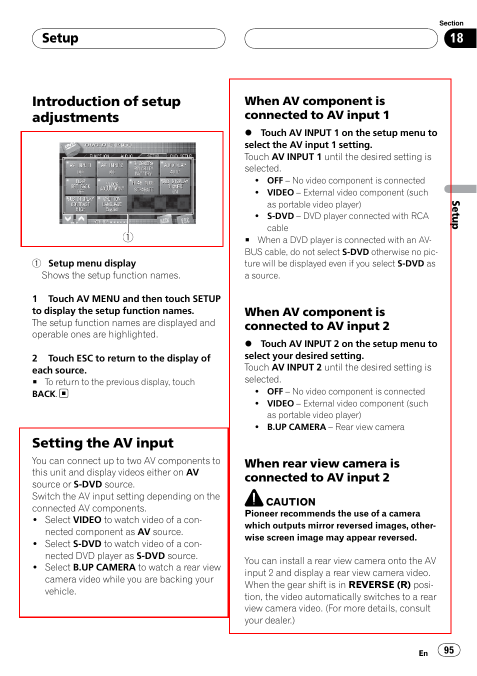 Setup introduction of setup adjustments, Setting the av input, Introduction of setup adjustments | Setup | Pioneer SUPERTUNERIIID+ AVH-P7850DVD User Manual | Page 95 / 132
