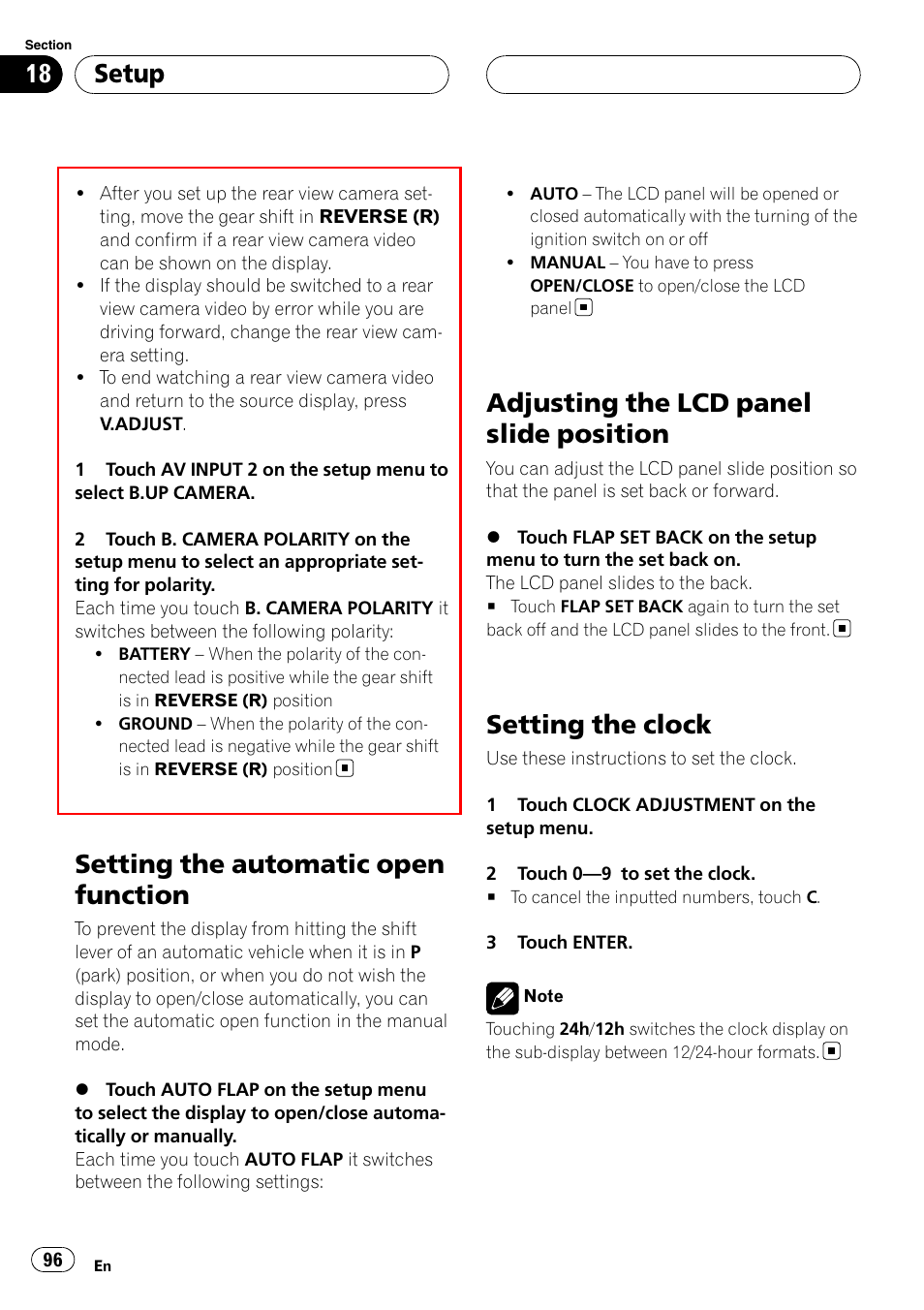 Setting the automatic open function, Adjusting the lcd panel slide position, Setting the clock | Setup | Pioneer SUPERTUNERIIID+ AVH-P7850DVD User Manual | Page 96 / 132