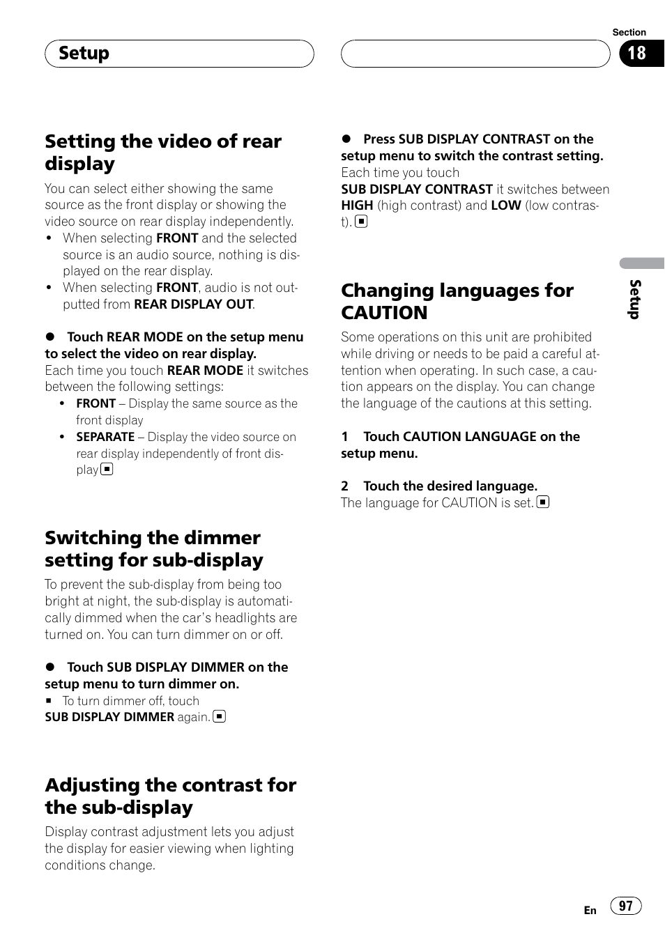 Setting the video of rear display, Switching the dimmer setting for sub, Display | Adjusting the contrast for the sub, Changing languages for caution, Switching the dimmer setting for sub-display, Adjusting the contrast for the sub-display, Setup | Pioneer SUPERTUNERIIID+ AVH-P7850DVD User Manual | Page 97 / 132
