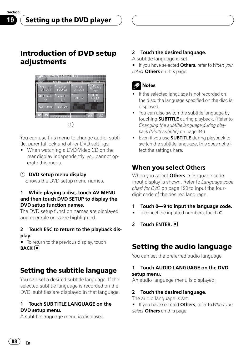 Setting the subtitle language, Setting the audio language, Introduction of dvd setup adjustments | Setting up the dvd player, When you select others | Pioneer SUPERTUNERIIID+ AVH-P7850DVD User Manual | Page 98 / 132