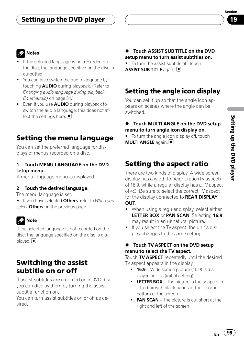 Setting the menu language, Switching the assist subtitle on or off, Setting the angle icon display | Setting the aspect ratio, Setting up the dvd player | Pioneer SUPERTUNERIIID+ AVH-P7850DVD User Manual | Page 99 / 132