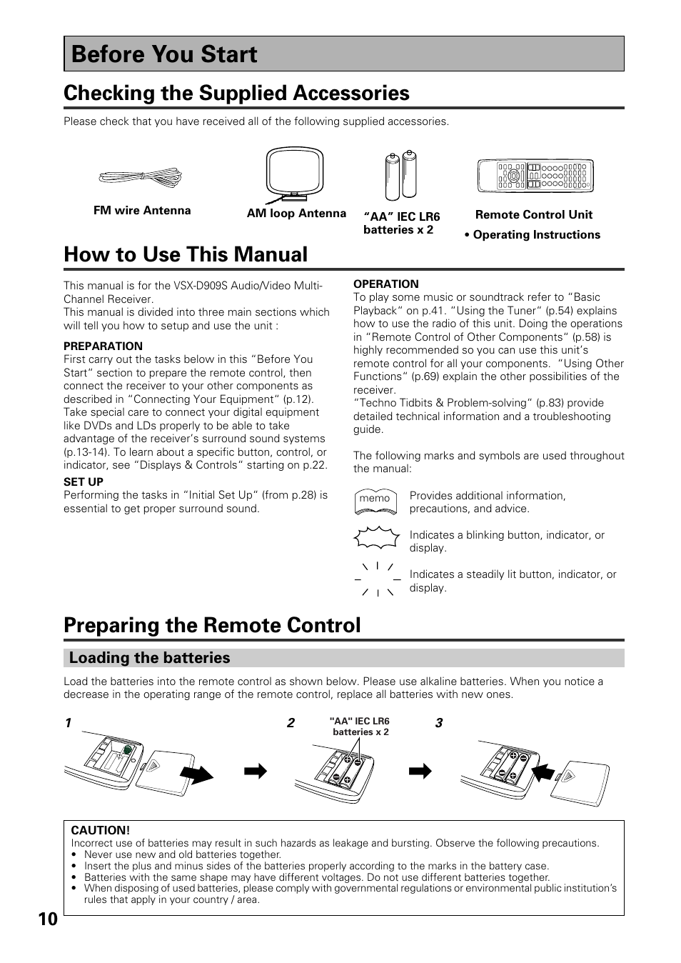 Before you start, Checking the supplied accessories, Preparing the remote control | How to use this manual | Pioneer VSX-D909S User Manual | Page 10 / 92