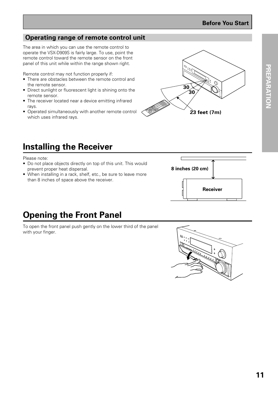 Installing the receiver opening the front panel, Installing the receiver, Opening the front panel | Pioneer VSX-D909S User Manual | Page 11 / 92