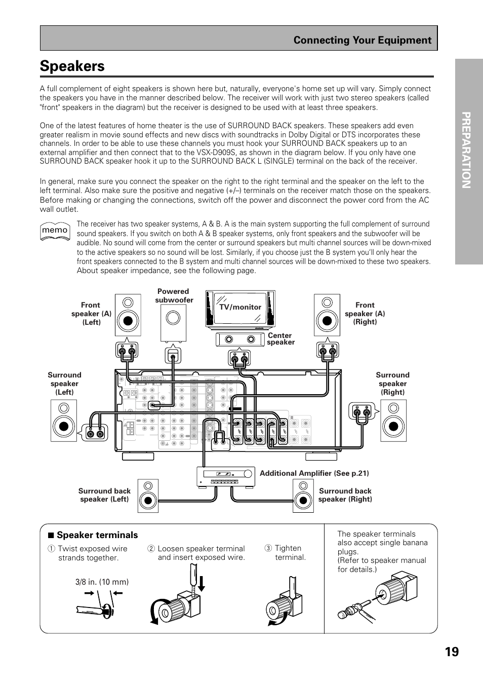 Speakers, Prep ara tion, Connecting your equipment | 7 speaker terminals, 3/8 in. (10 mm) | Pioneer VSX-D909S User Manual | Page 19 / 92