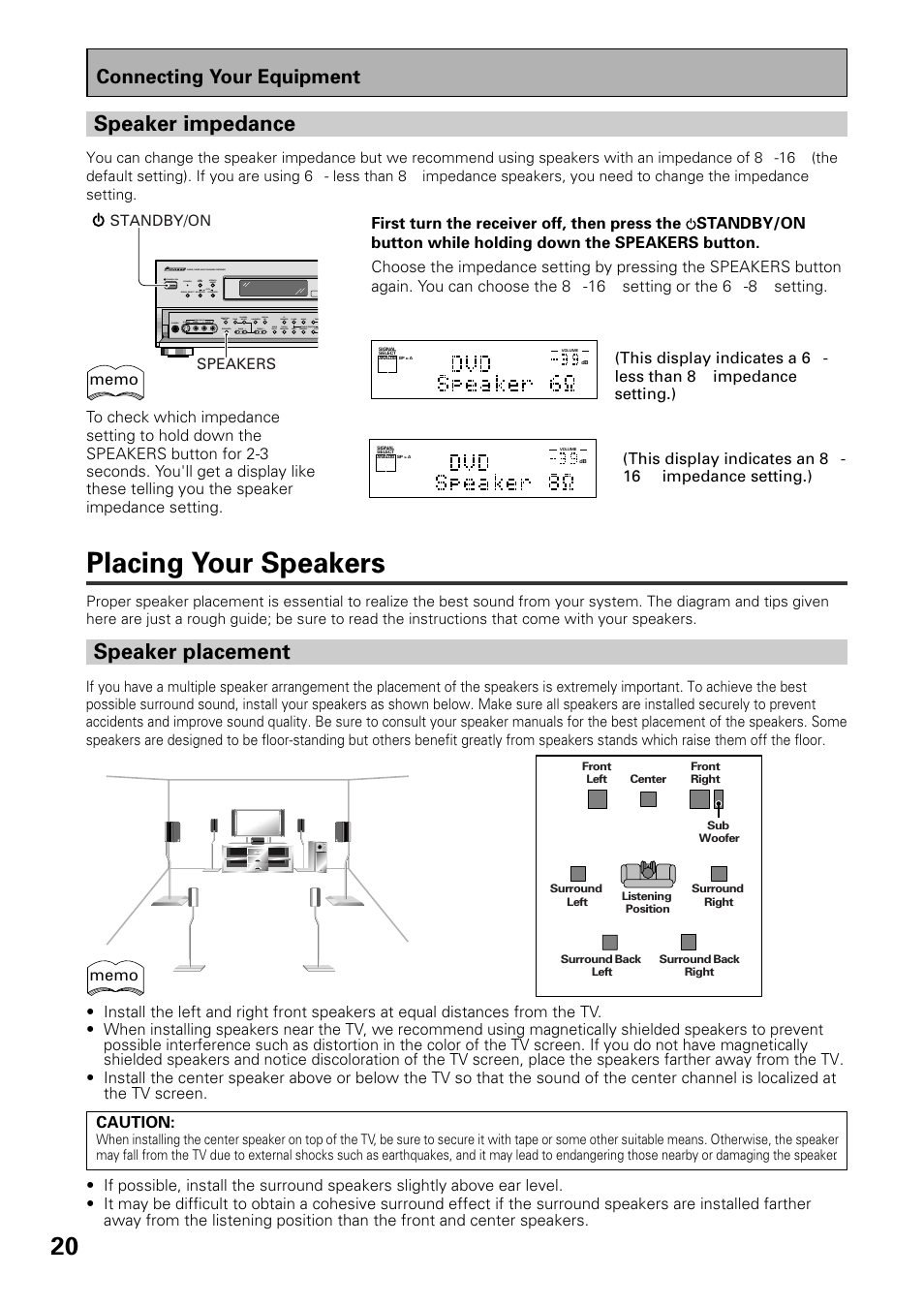 Placing your speakers, Speaker placement, Speaker impedance | Connecting your equipment | Pioneer VSX-D909S User Manual | Page 20 / 92