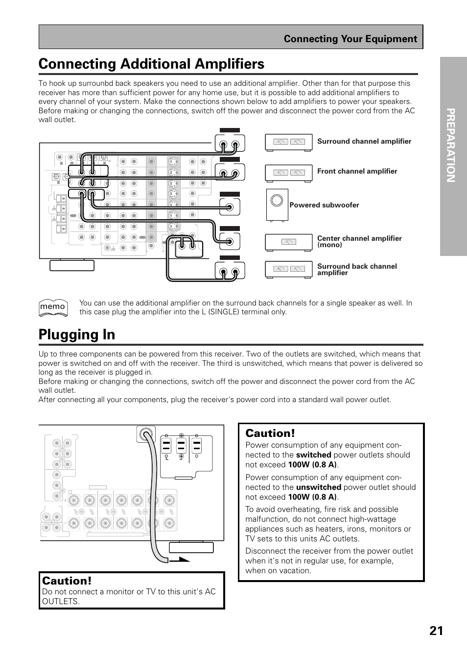 Connecting additional amplifiers plugging in, Connecting additional amplifiers, Plugging in | Prep ara tion, Caution, Connecting your equipment | Pioneer VSX-D909S User Manual | Page 21 / 92