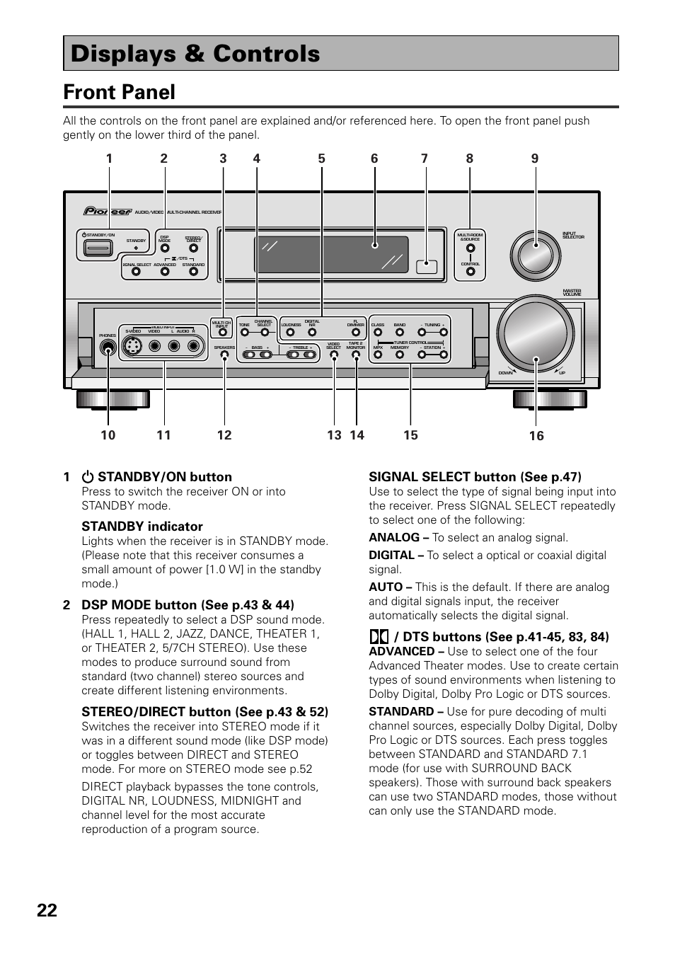 Displays & controls, Front panel, 1standby/on button | Standby indicator, Stereo/direct button (see p.43 & 52), Signal select button (see p.47) | Pioneer VSX-D909S User Manual | Page 22 / 92