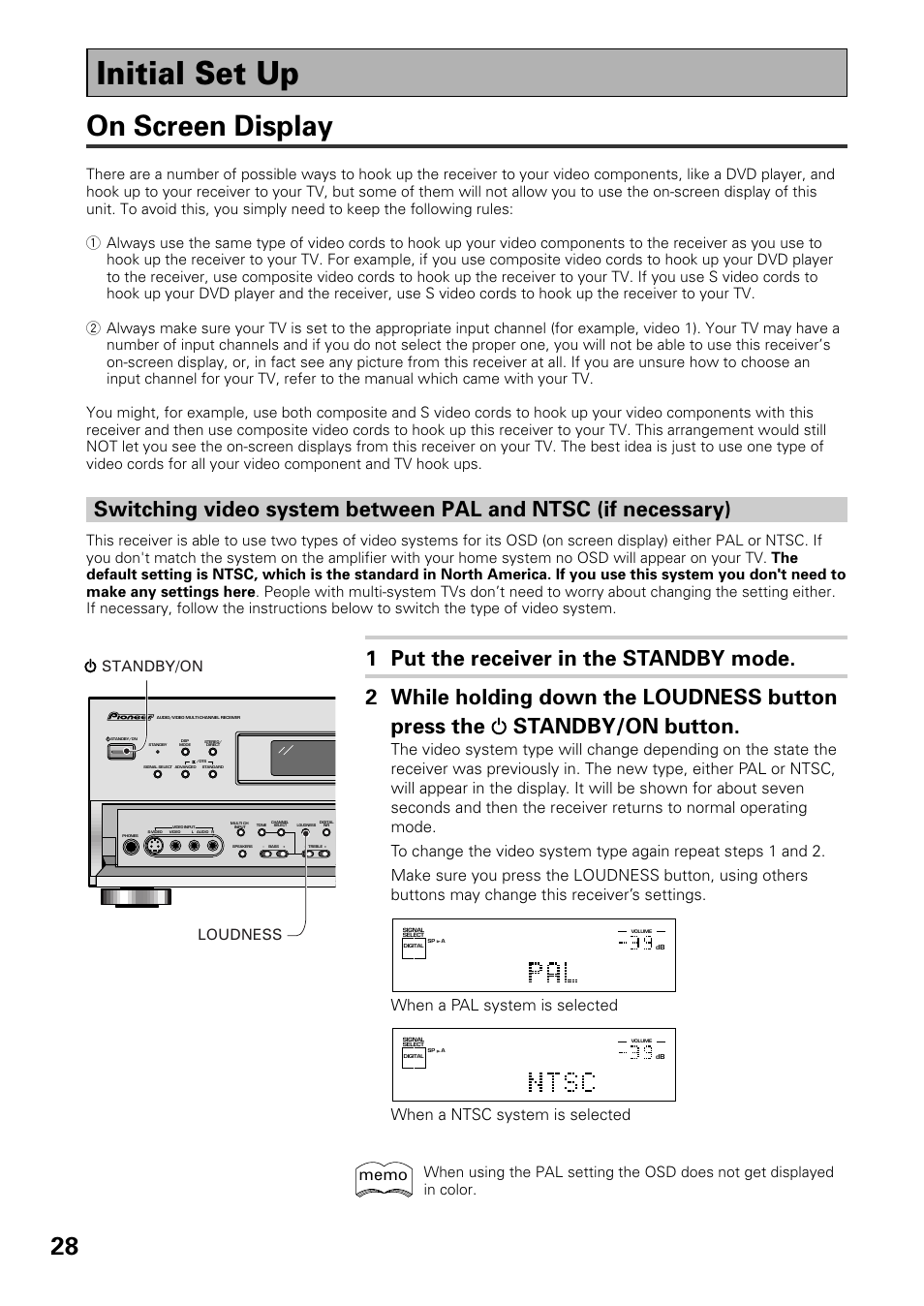 Initial set up, On screen display, When a pal system is selected | When a ntsc system is selected, Standby/on loudness | Pioneer VSX-D909S User Manual | Page 28 / 92
