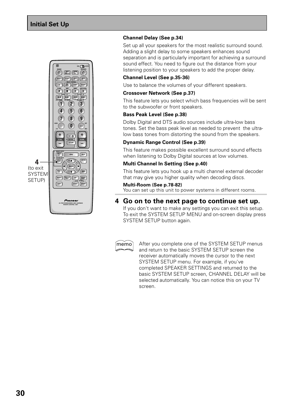 4 go on to the next page to continue set up, Initial set up | Pioneer VSX-D909S User Manual | Page 30 / 92