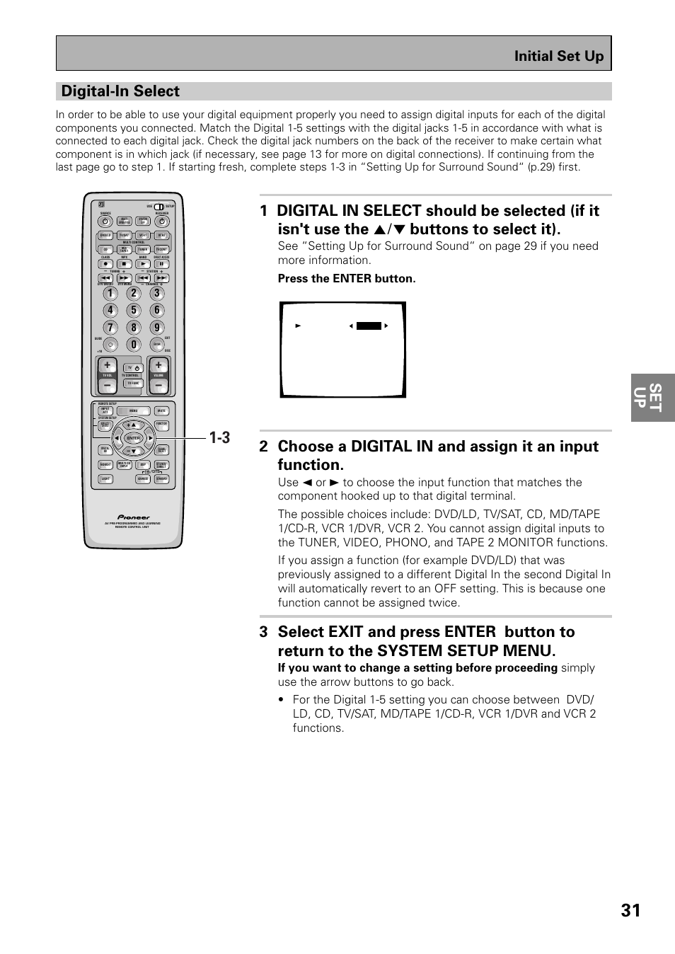 Digital-in select, Initial set up | Pioneer VSX-D909S User Manual | Page 31 / 92