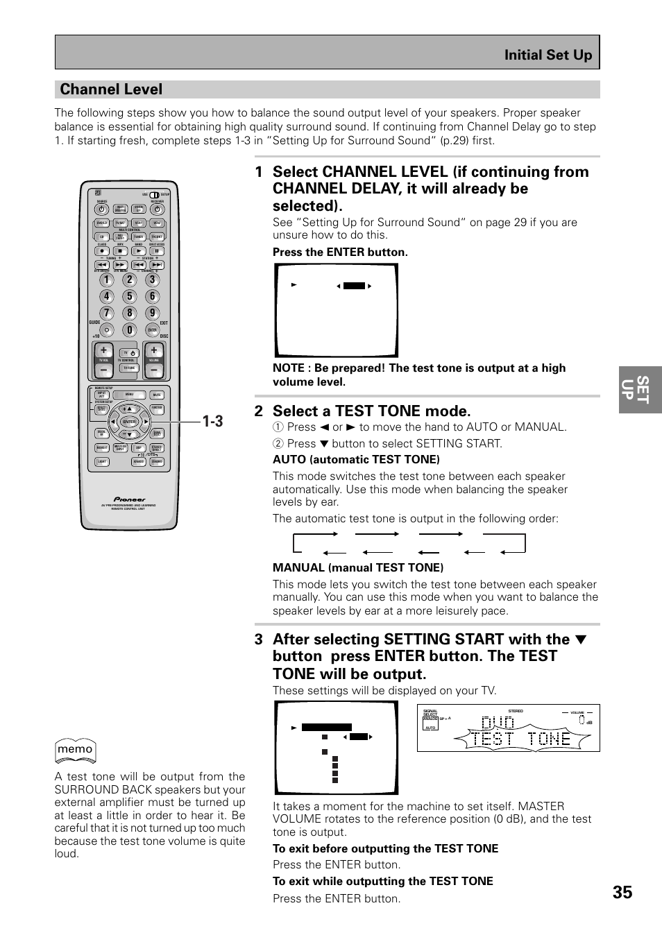 Set up channel level, 2 select a test tone mode, Initial set up | These settings will be displayed on your tv, Fl ct fr sr sl sw sbl sbr | Pioneer VSX-D909S User Manual | Page 35 / 92