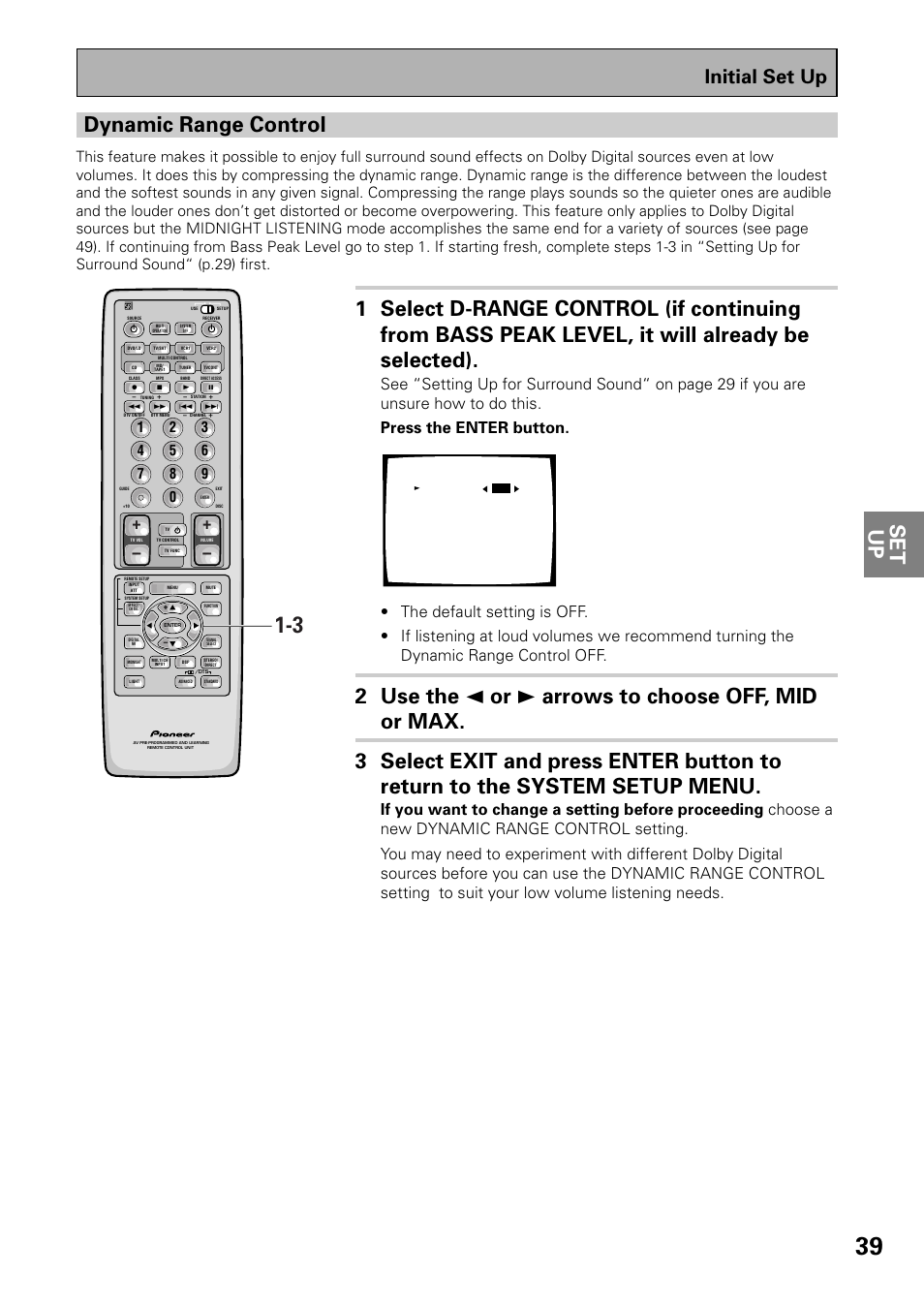 Dynamic range control, Initial set up | Pioneer VSX-D909S User Manual | Page 39 / 92